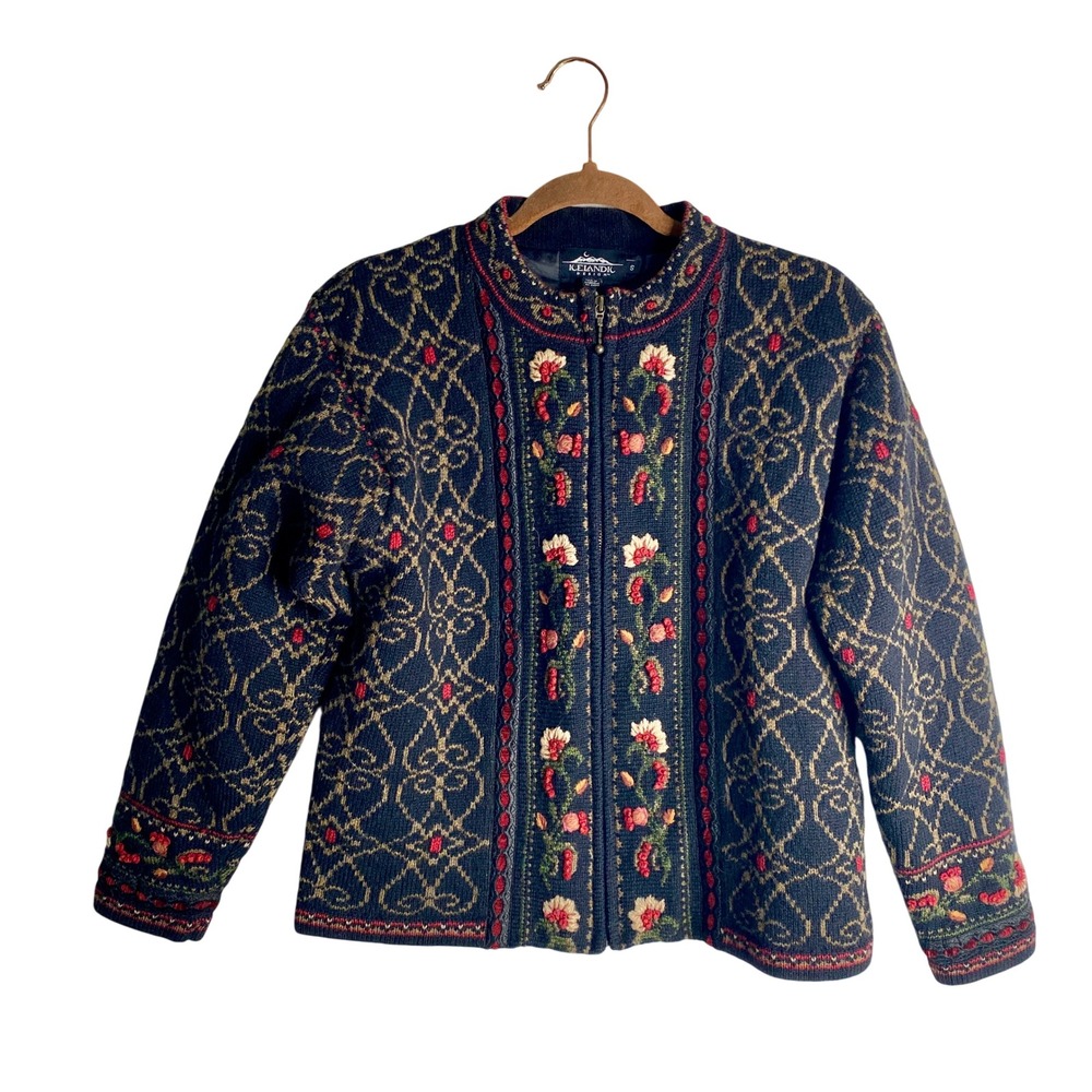Vintage Icelandic Design Wool Floral Cardigan Jacket Small Cottagecore Y2K Folk